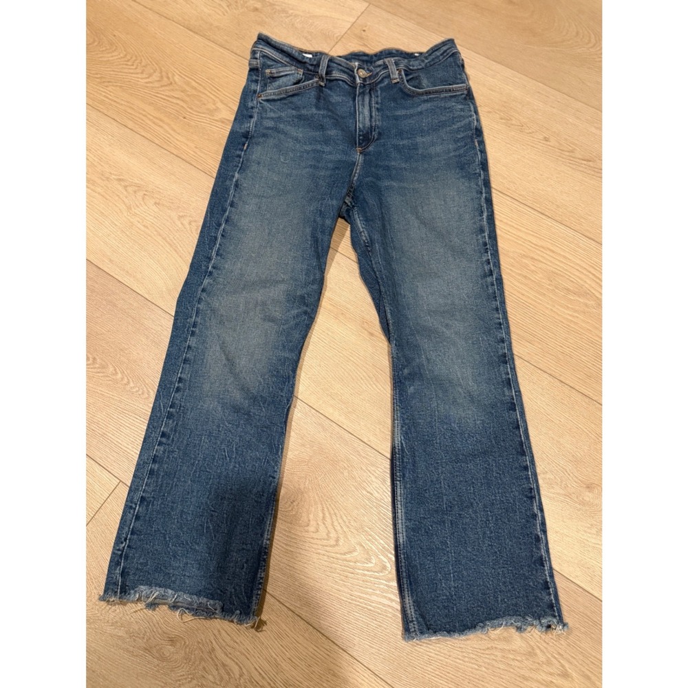 Zara High Rise Straight Leg Jeans Blue Crop TRF Slight Flare Frayed Raw Hem